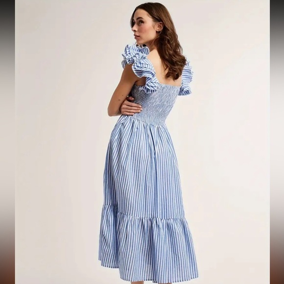 Blue and White Striped Off-Shoulder Flowey Maxi Dress Tunic Size Small - Picture 12 of 12